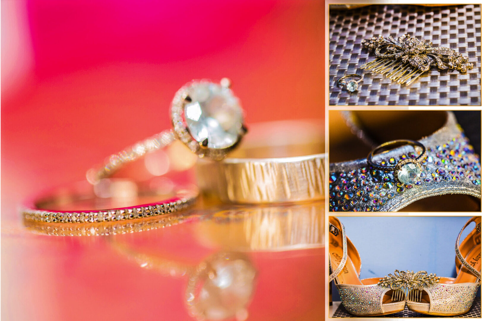 Collage images of rings and shoes