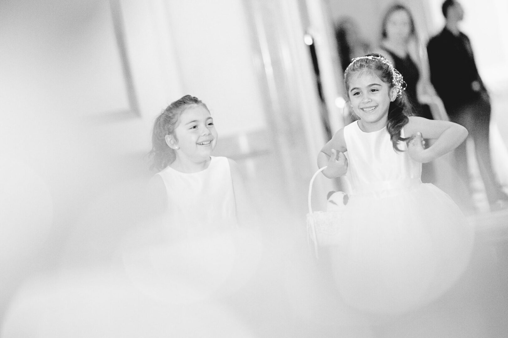 Black and white image of two girls dancing