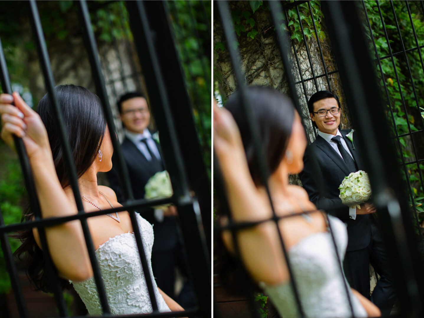 Two pictures of the bride and groom focusing