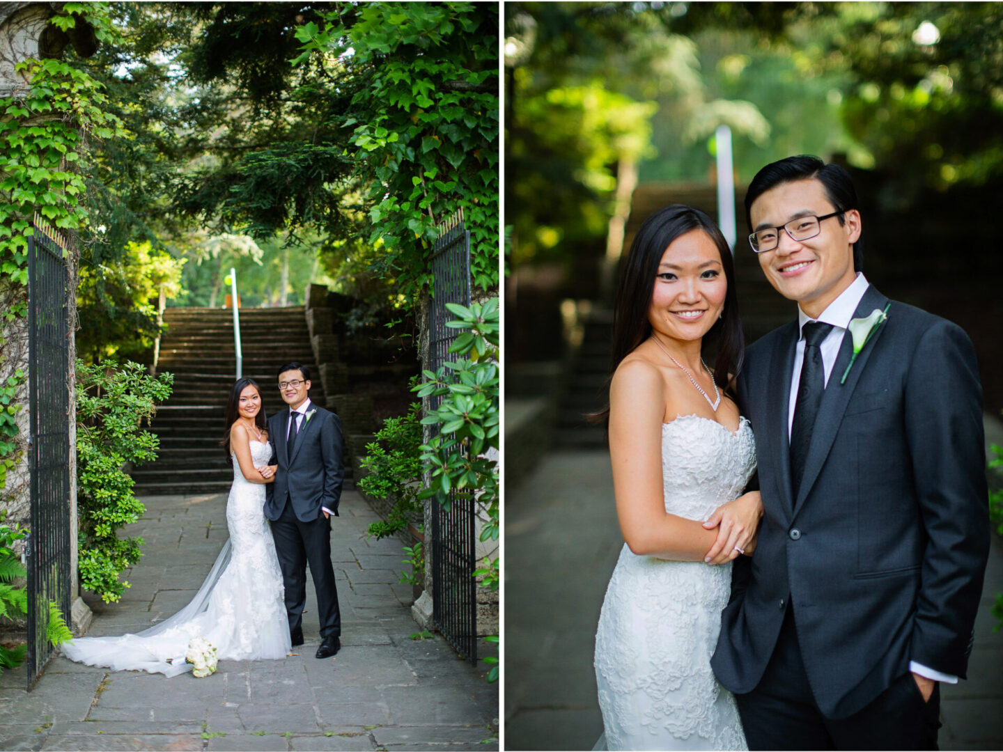 Collage image of a newly married couple standing near a gate